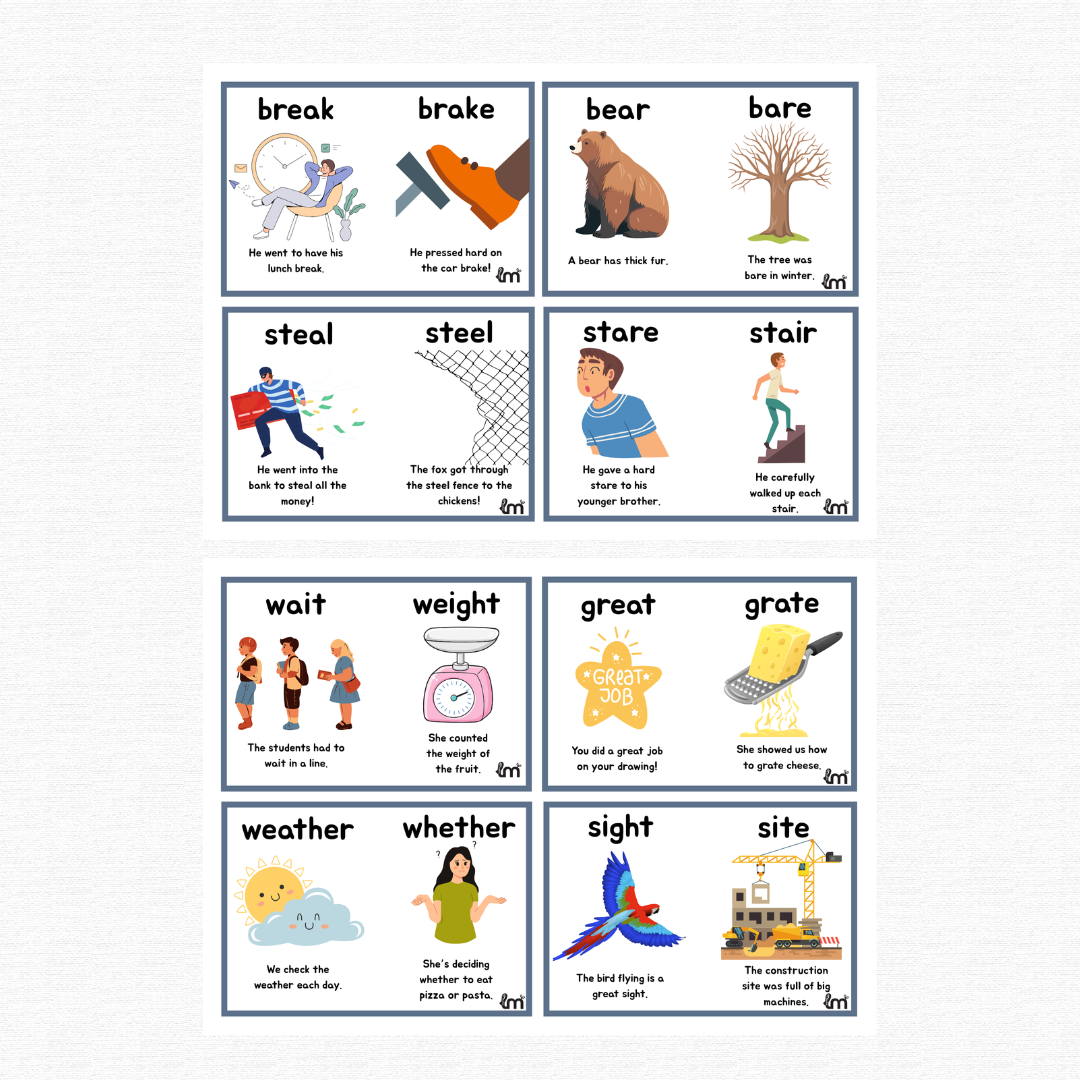 Homophone Flashcards + Game Boards